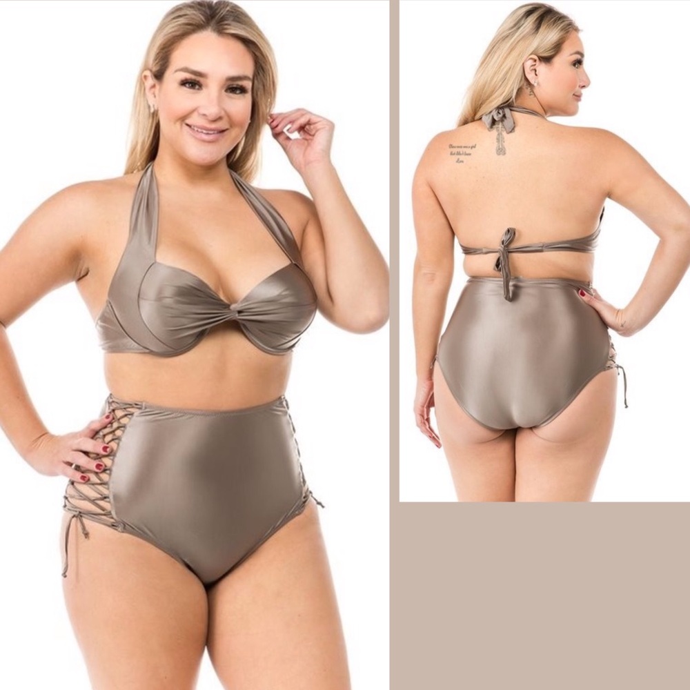 Plus-Size Halter High-Waist Bikini in Taupe